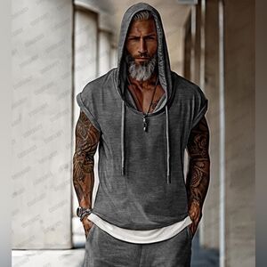 Gray Sleeveless Hoodie Sweatshirt with White Layer